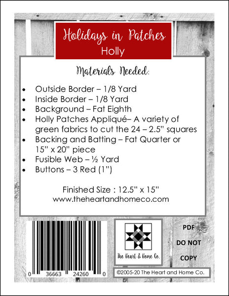 HNH10 Holidays in Patches Holly PDF Pattern