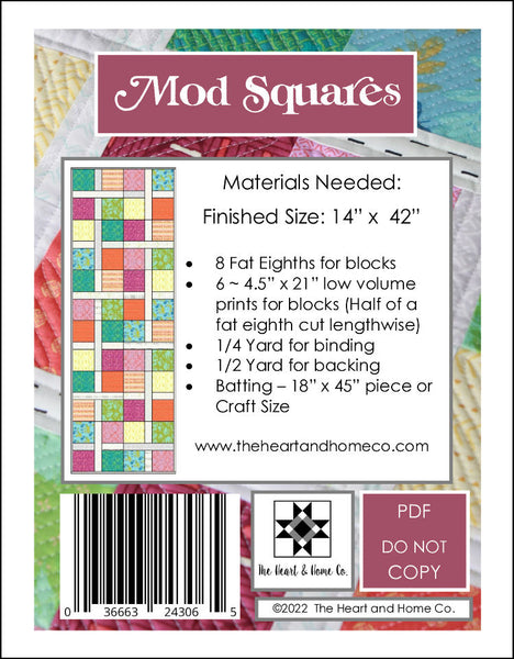 HNH214 Mod Squares by The Heart and Home Co Paper Pattern  Tablerunner